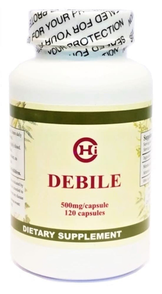 Chi's Enterprise Debile bottle on a clean surface suggests herbal balance for digestion