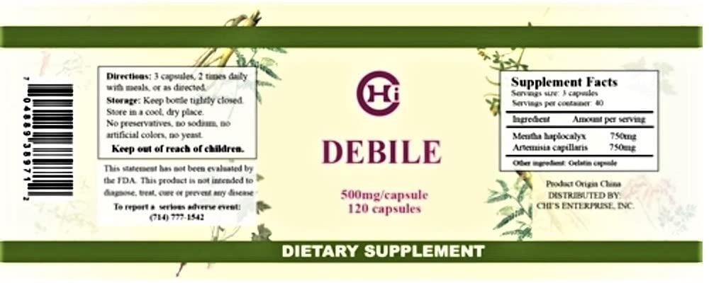 Chi's Enterprise Debile capsules close-up, herbal formulation that may support natural digestive balance