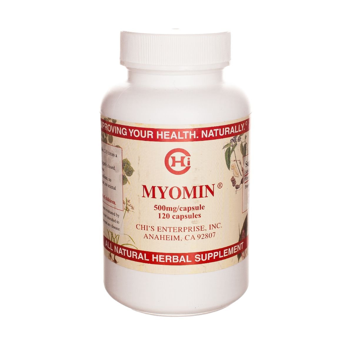Chi's Enterprise Myomin bottle showcases 120 capsules for a daily wellness routine.