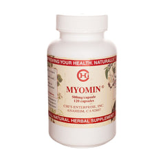 Chi's Enterprise Myomin bottle showcases 120 capsules for a daily wellness routine.