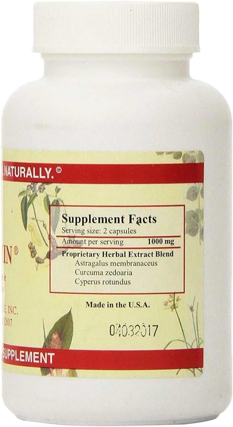 Close-up of Chi's Enterprise Myomin capsules highlighting easy-to-swallow herbal form.