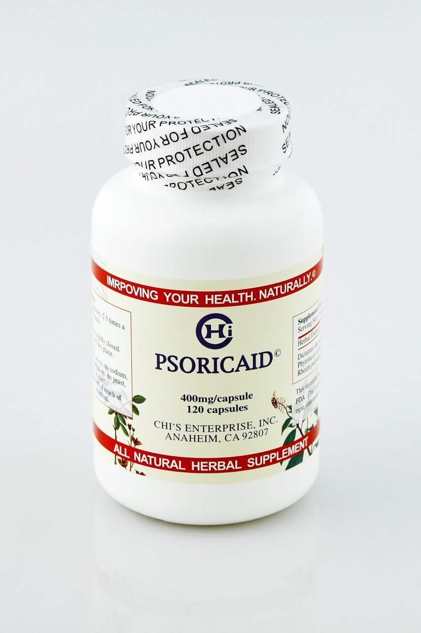 Chi's Enterprise Psoricaid bottle with capsules for daily skin support