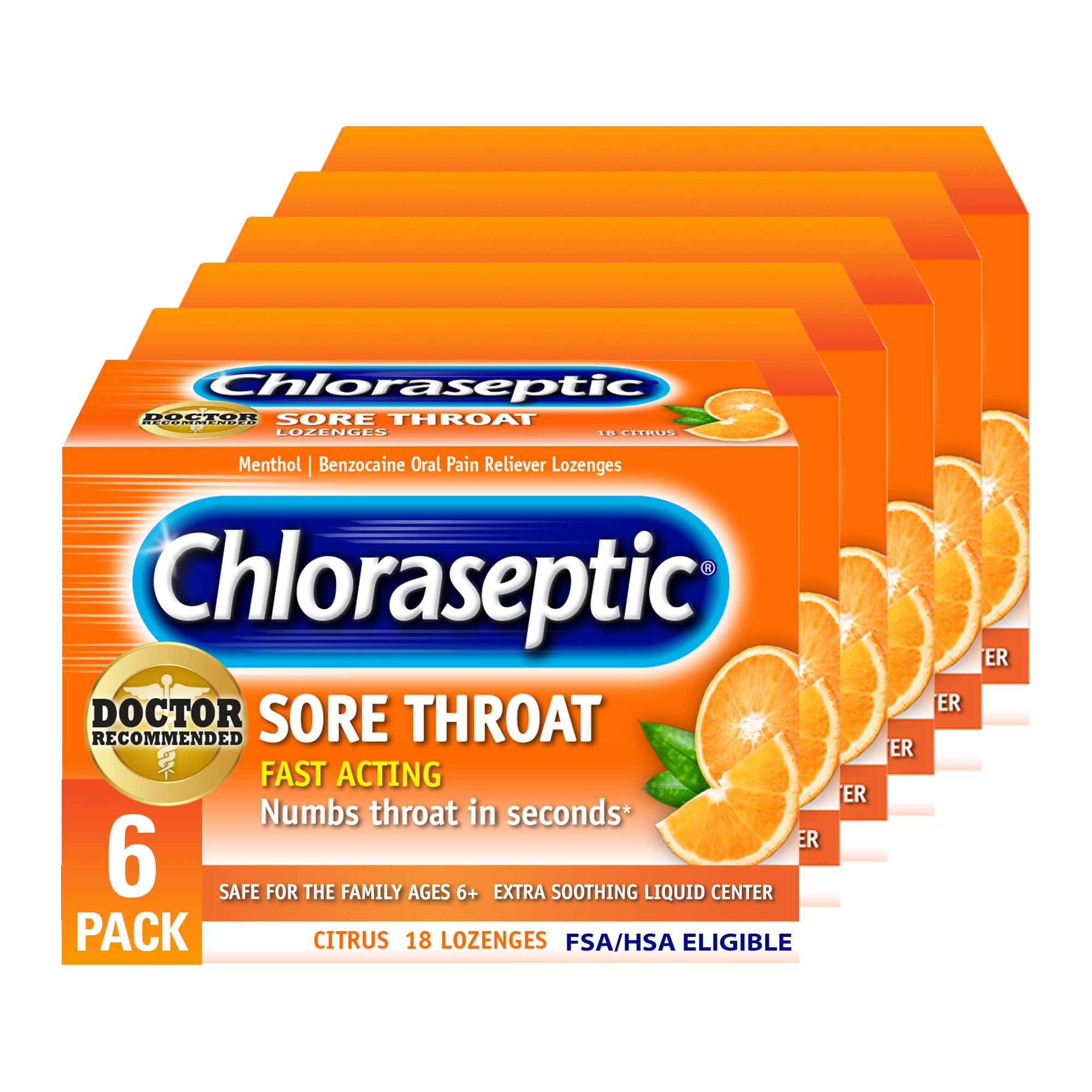 Chloraseptic Citrus lozenges 18-count pack front view for quick throat relief on the go.
