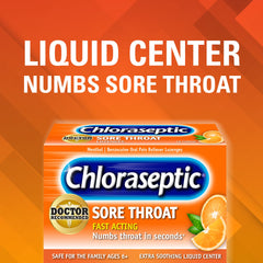 Chloraseptic Sore Throat Lozenges liquid center close-up for soothing sensation.