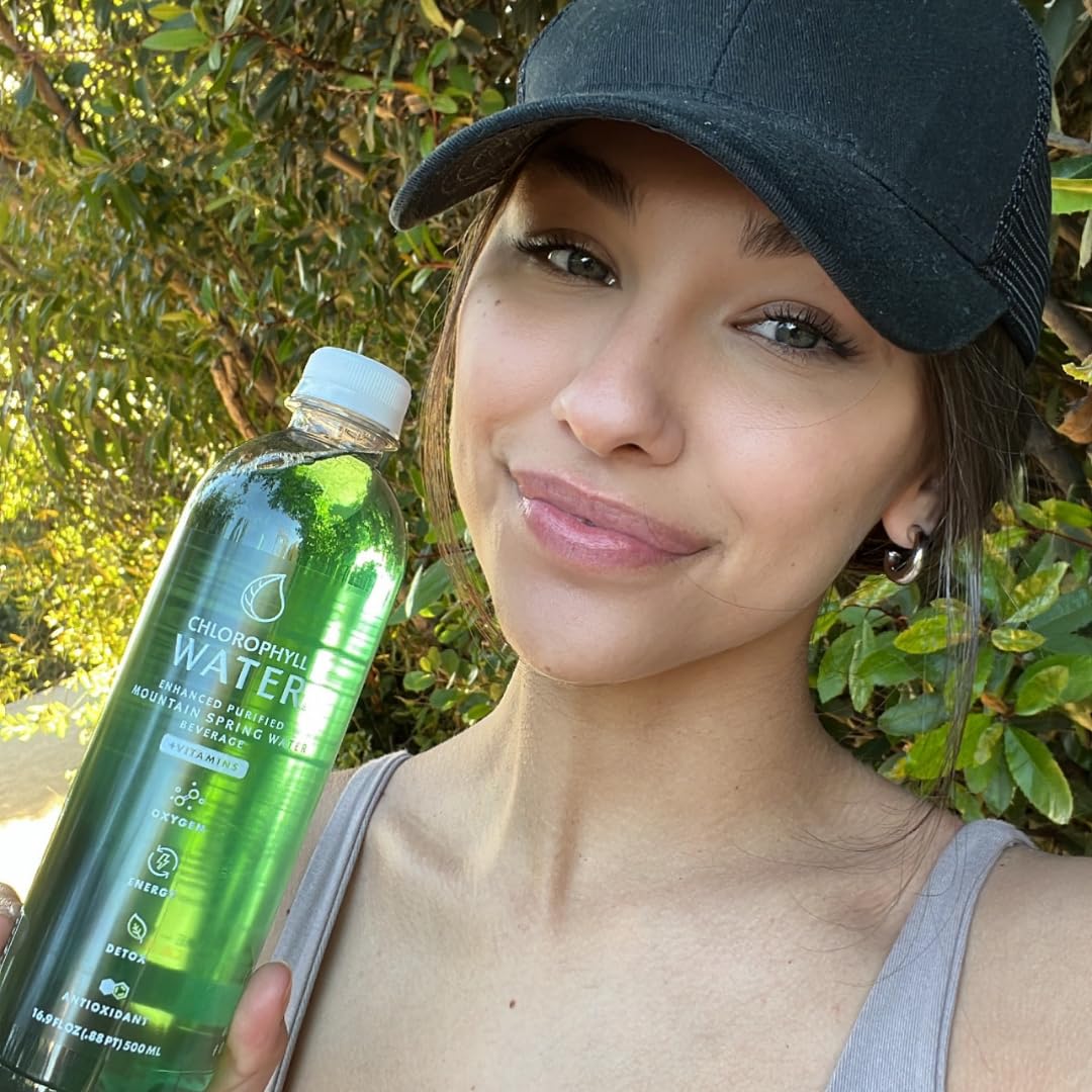 Chlorophyll Water morning-routine bottle on desk ready to sip.