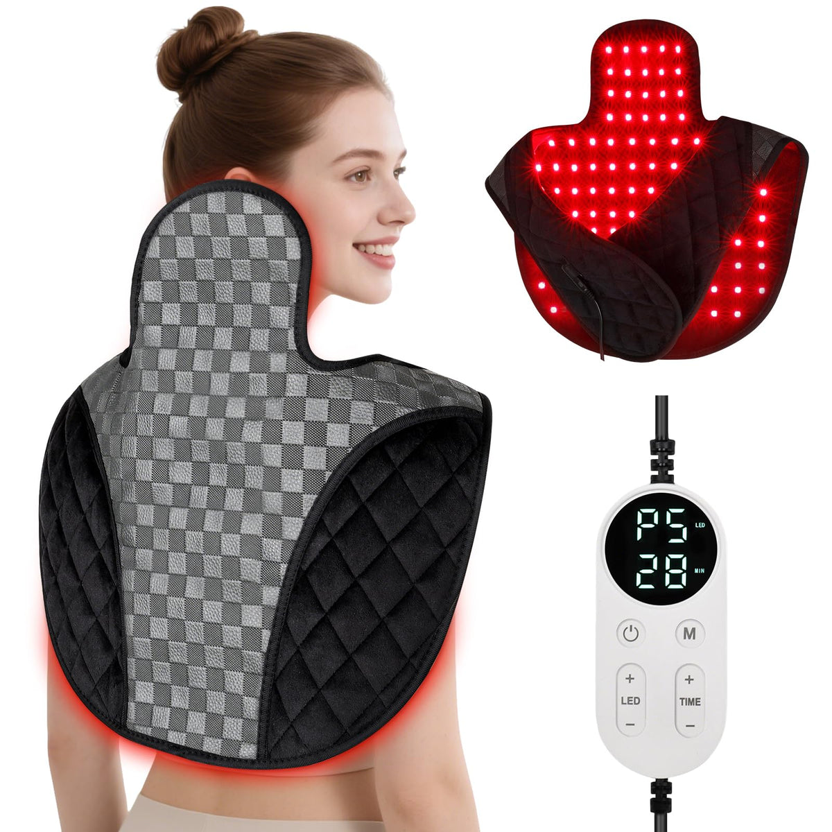 Cholas red light therapy pad on shoulder for neck and upper back comfort.