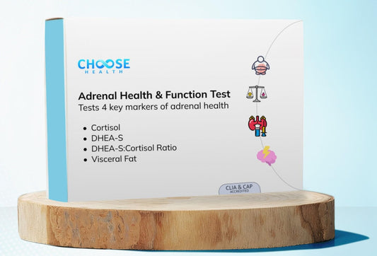 Choose Health 4-in-1 cortisol and DHEA-S test kit box for home use.