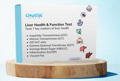 Choose Health liver test kit front view for at-home sampling.