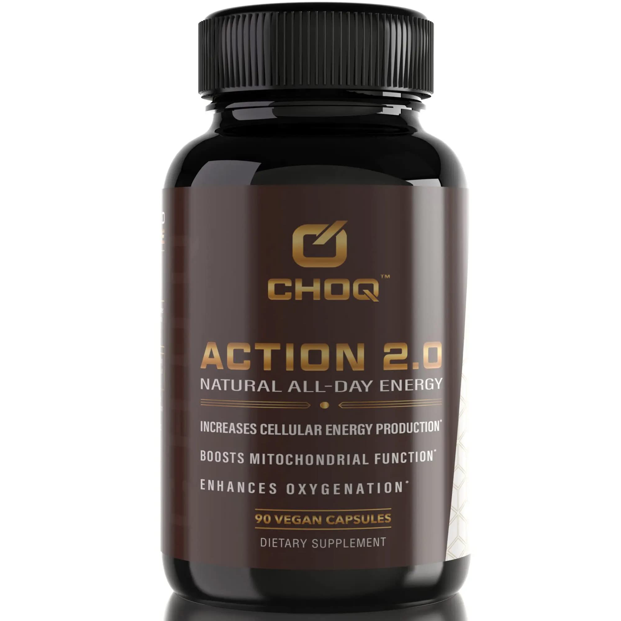CHOQ Action 2.0 bottle front promoting steady energy and daily wellness.