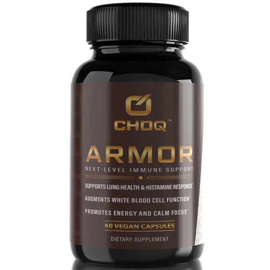 CHOQ Armor bottle front with vegan capsules for immune support.