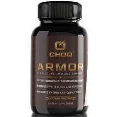 CHOQ Armor bottle front with vegan capsules for immune support.