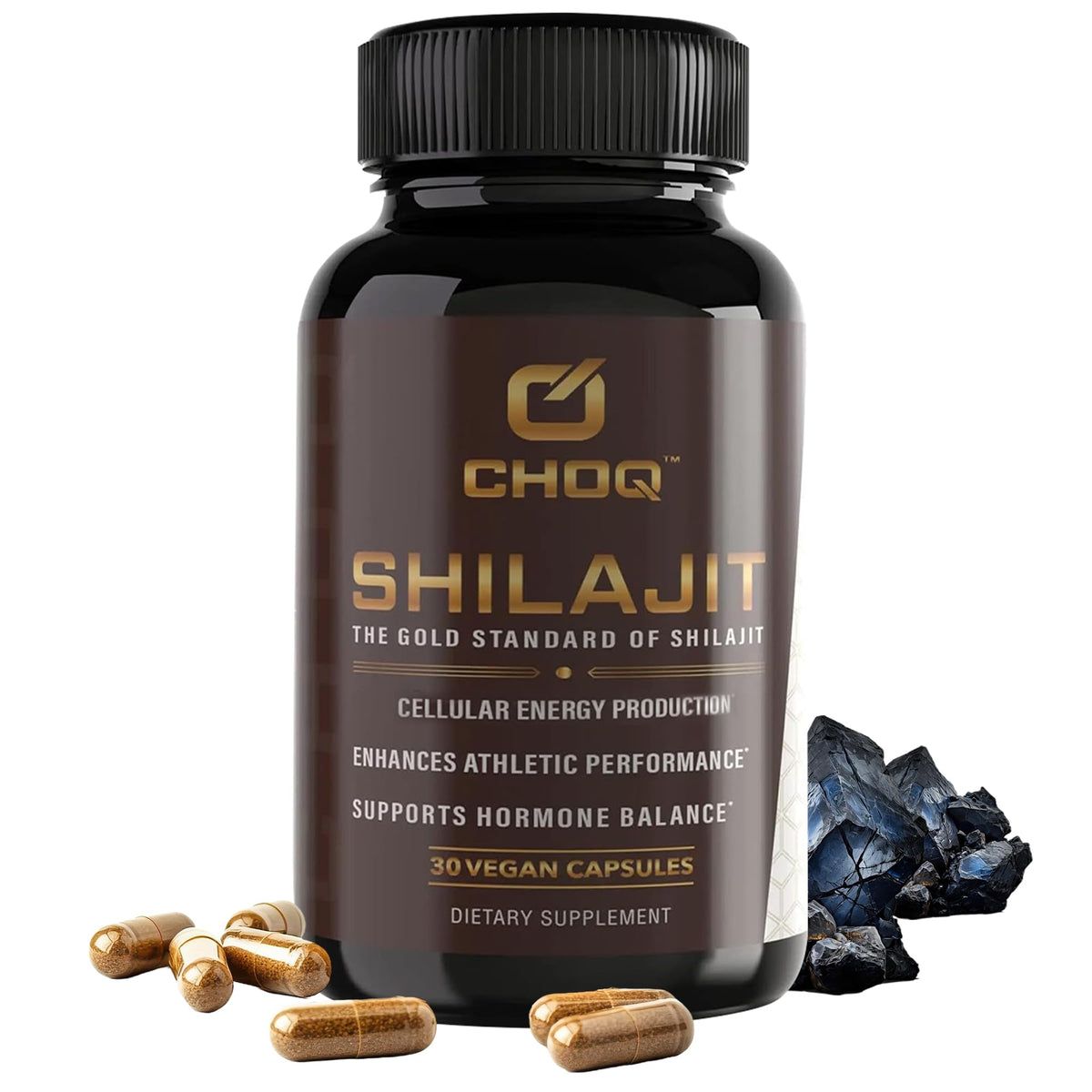 CHOQ Shilajit 500 mg bottle close-up highlighting purity and potency