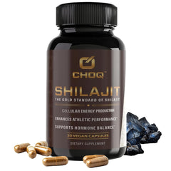 CHOQ Shilajit 500 mg bottle close-up highlighting purity and potency