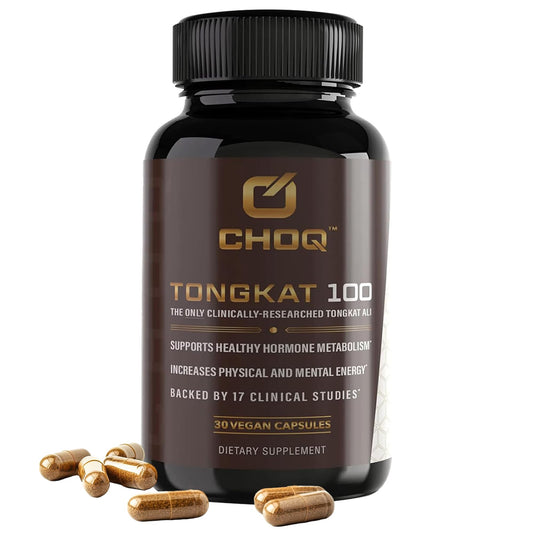 CHOQ Tongkat Ali 100mg bottle shows premium LJ100 potency for energy support