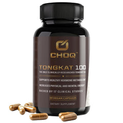 CHOQ Tongkat Ali 100mg bottle shows premium LJ100 potency for energy support