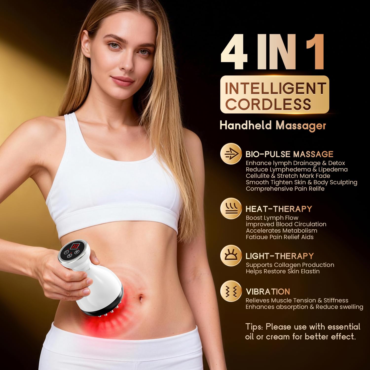 Choufaly anti-cellulite tool close-up with warming lights supports skin texture