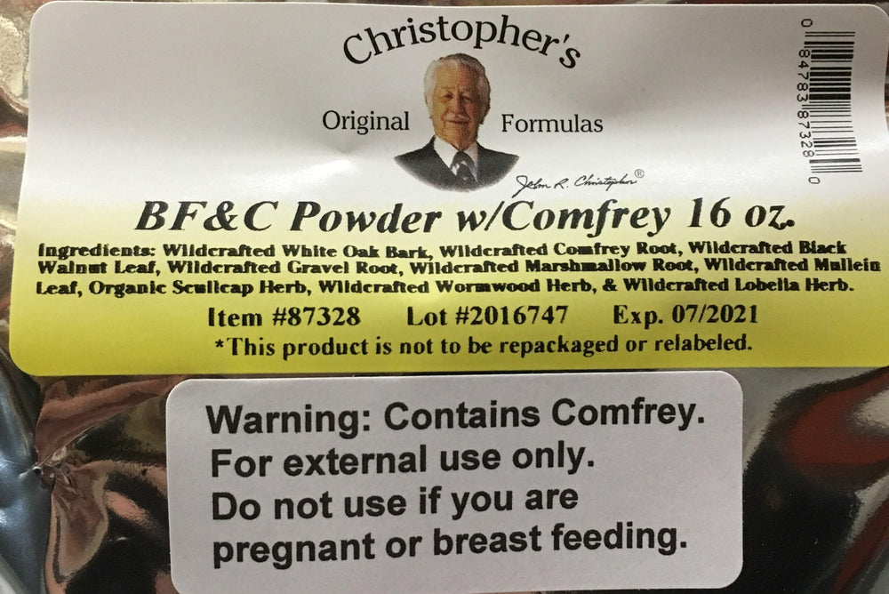 Christopher's BF&C Powder with Comfrey tub highlights tissue and nail care potential