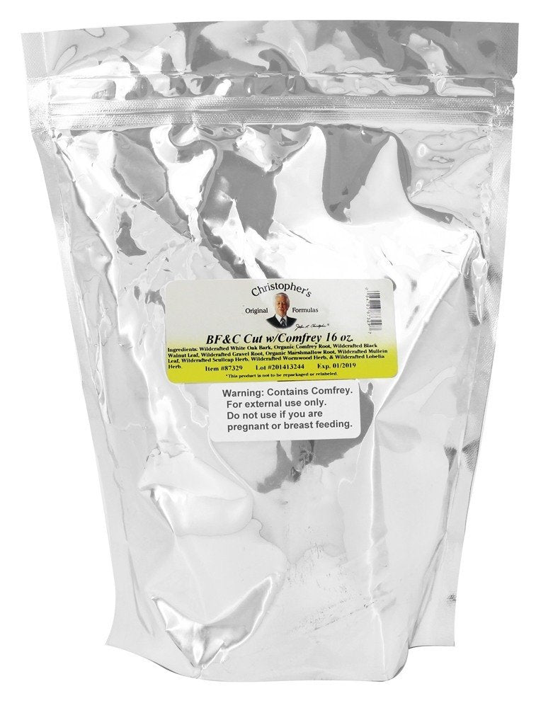 Christopher's Original Formulas BF&C Cut with Comfrey bottle shown for at-home skin care tasks.