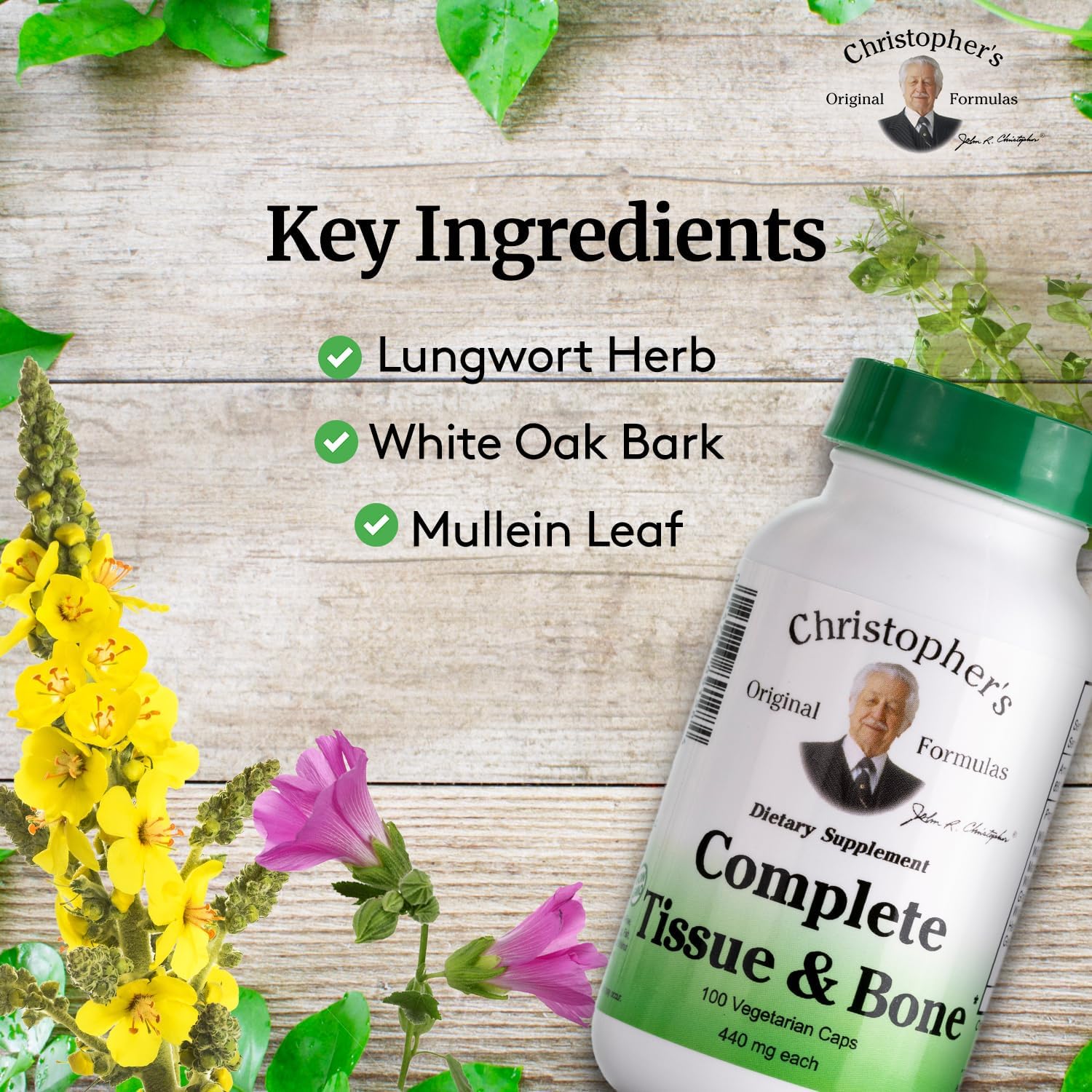 Christopher's Original Formulas Complete Tissue & Bone ingredients label, showcasing a transparent herbal blend.