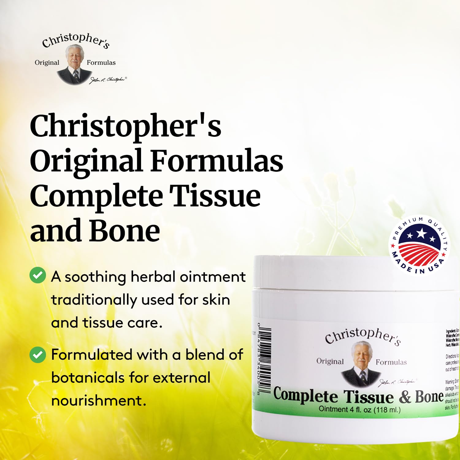 Jar of Christopher's Complete Tissue & Bone Ointment ready for use on affected areas.