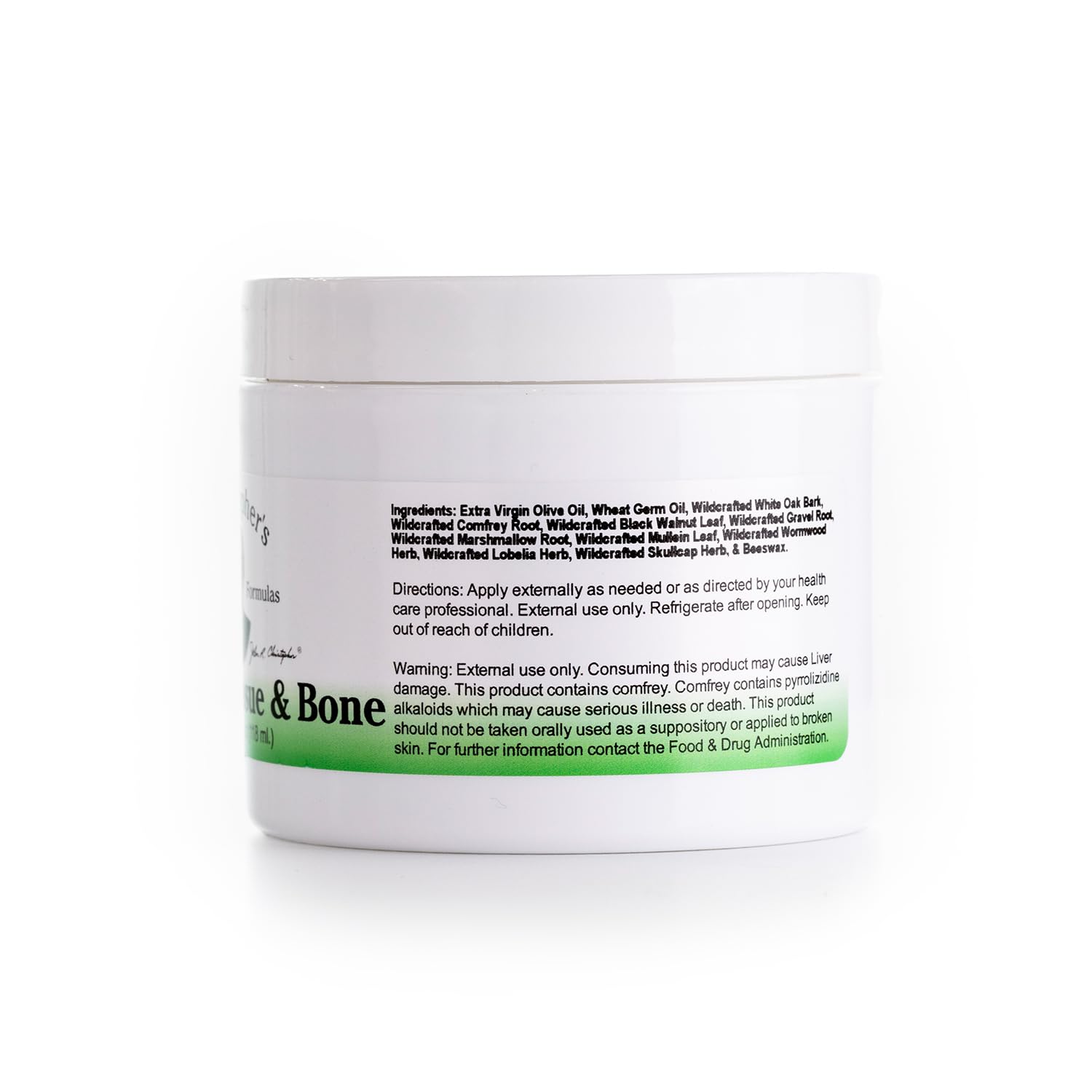 Label of Christopher's Complete Tissue & Bone Ointment highlighting the herbal blend ingredients.