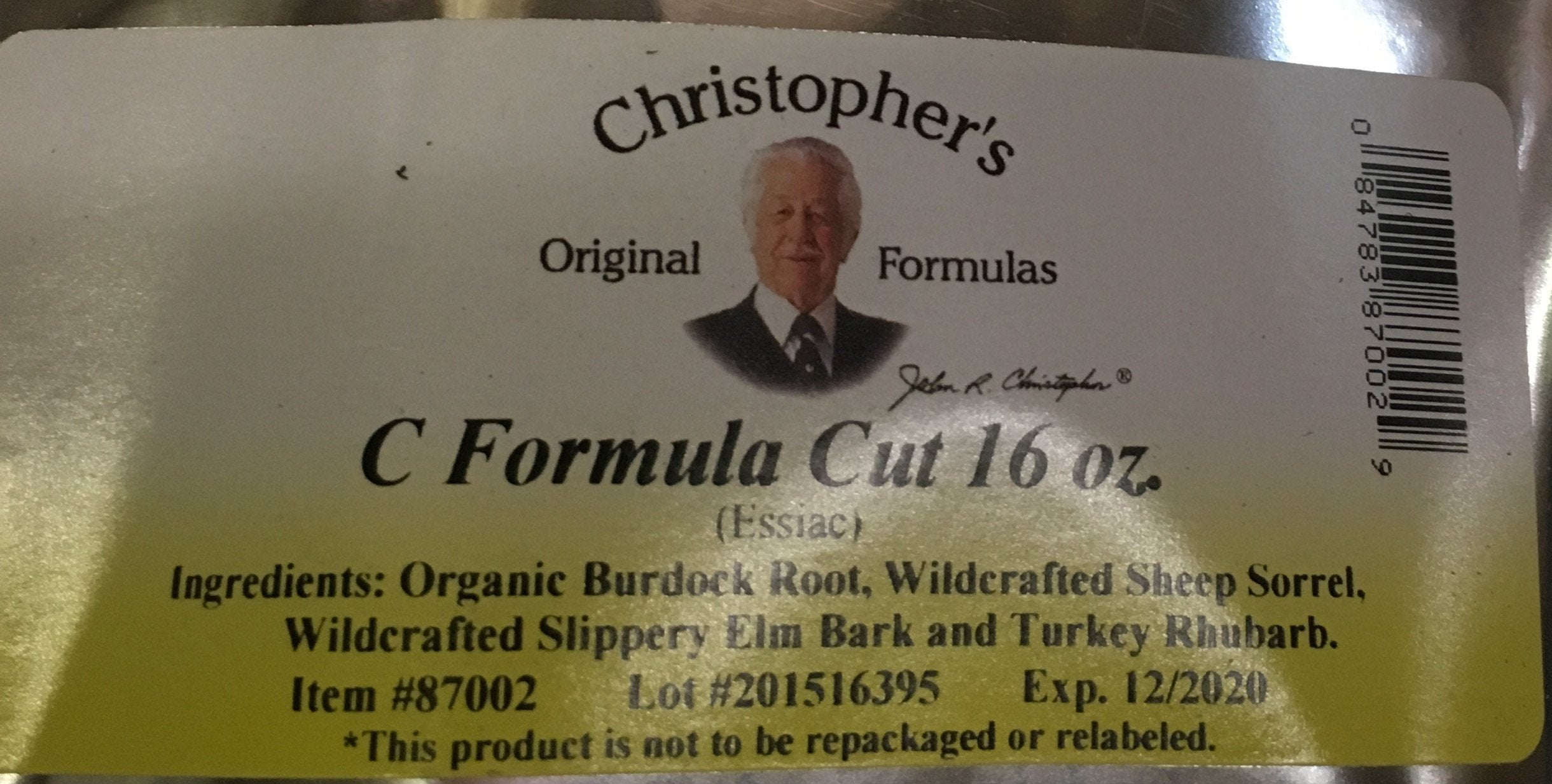 Christopher's Original Formulas Essiac-C Formula Cut label close-up highlights packaging and potential immune support.