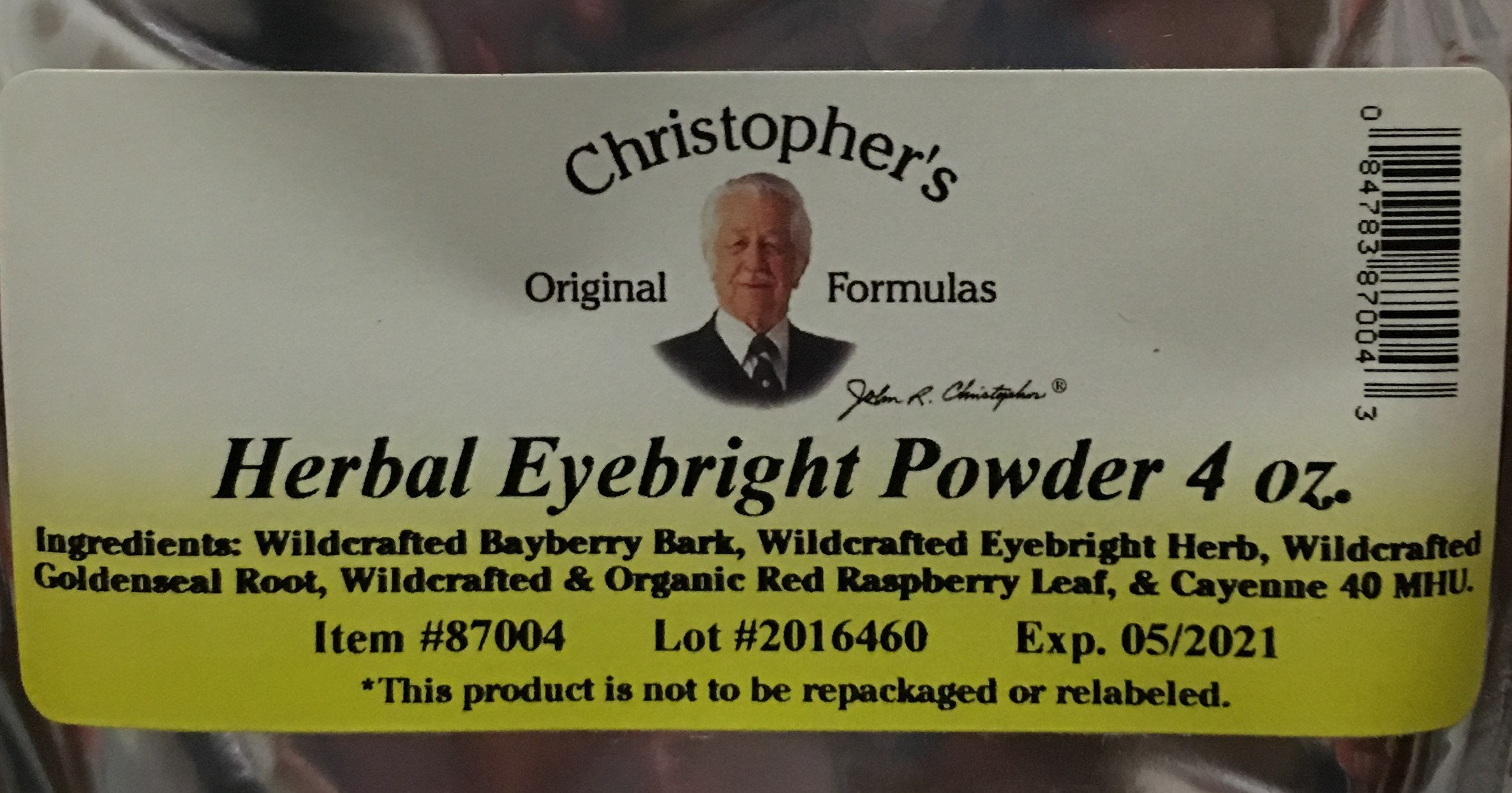 Christopher's Original Formulas Eyebright Powder label highlighting herbal blend