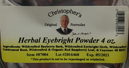 Christopher's Original Formulas Eyebright Powder label highlighting herbal blend