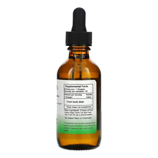 Garlic oil dropper from Christopher's Original Formulas emphasizes external-use application and precise dosing.