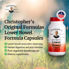 Christopher's Original Formulas Lower Bowel Cleanse ingredients showcase calming herbs for digestion.