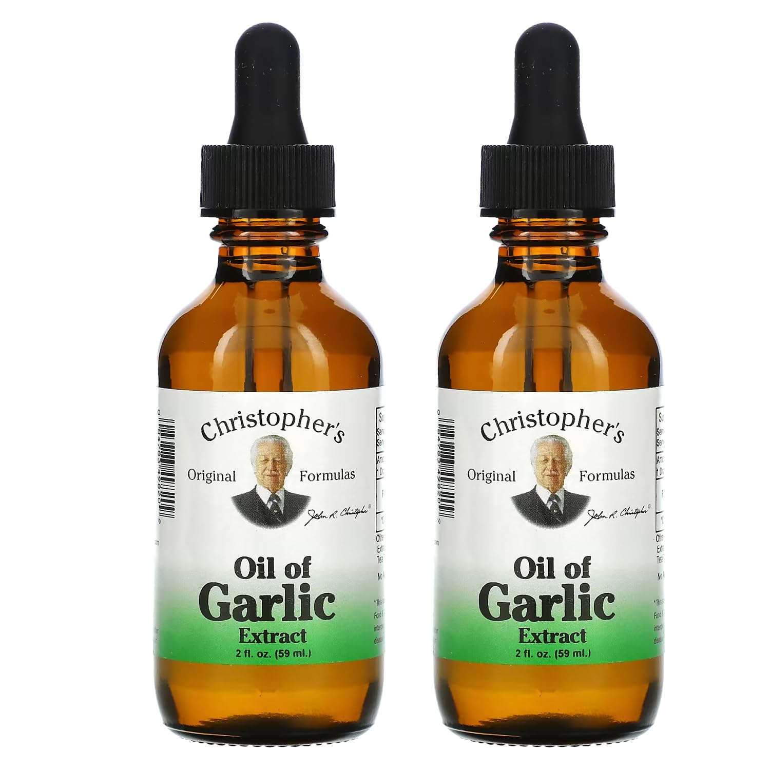 Christopher's Original Formulas Oil of Garlic Extract bottle showing pure, cold-pressed garlic liquid for versatile use.