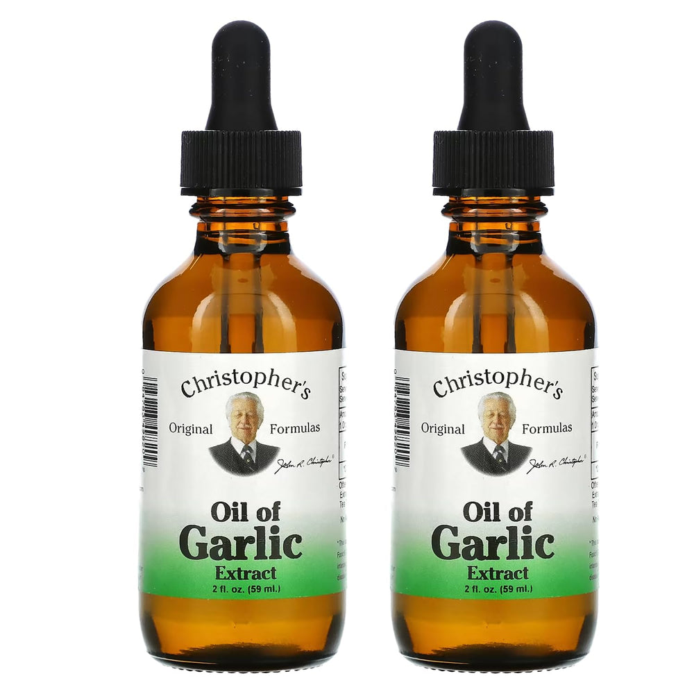 Christopher's Original Formulas Oil of Garlic Extract bottle showing pure, cold-pressed garlic liquid for versatile use.