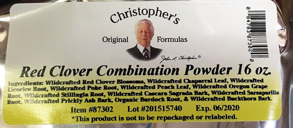 Christophers Original Formulas Red Clover powder label emphasizes clear dosing and versatile daily use.