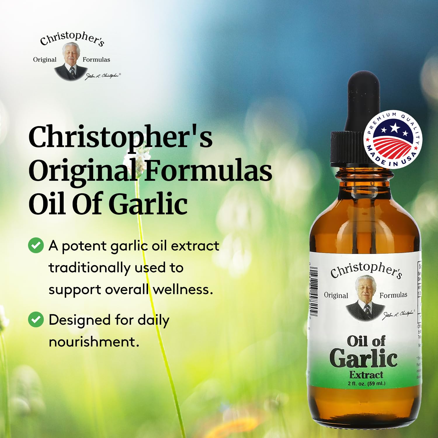Cold-pressed garlic oil from Christopher's Original Formulas highlights premium quality and purity.