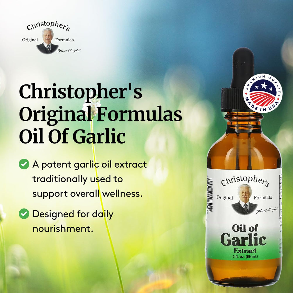 Cold-pressed garlic oil from Christopher's Original Formulas highlights premium quality and purity.