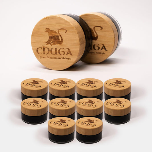 Chuga Shilajit resin bottle highlights premium Himalayan minerals for daily vitality.