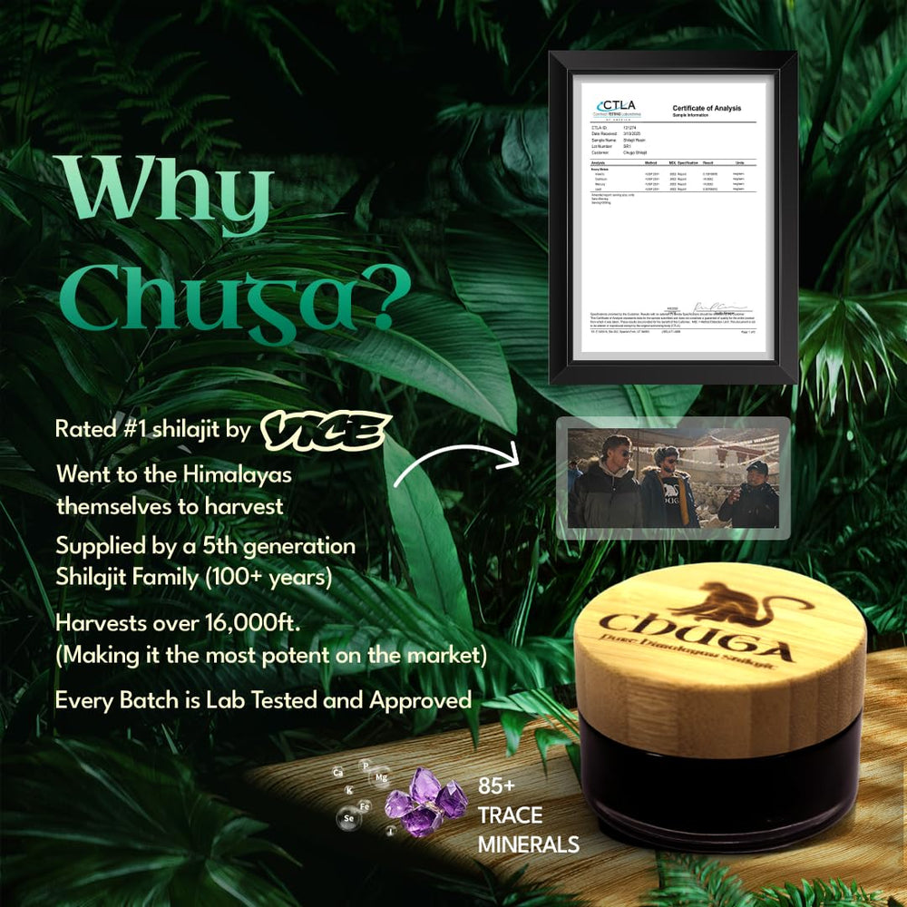 Chuga Shilajit resin jar label shows authentic source and mineral richness.