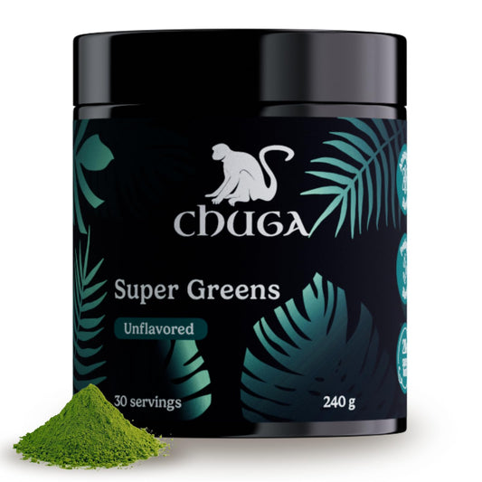 Chuga's Super Greens front label shown for daily vitality with organic greens.