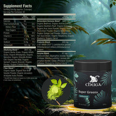 Ingredients close-up featuring spirulina, chlorella, and probiotics in the blend.
