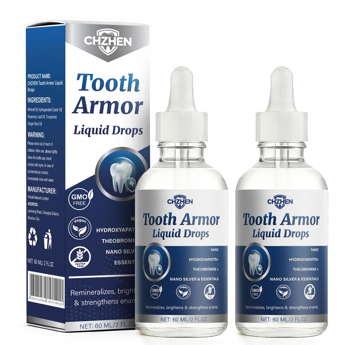 CHZHEN Tooth Armor Liquid Drops bottle on a bathroom counter for daily enamel protection