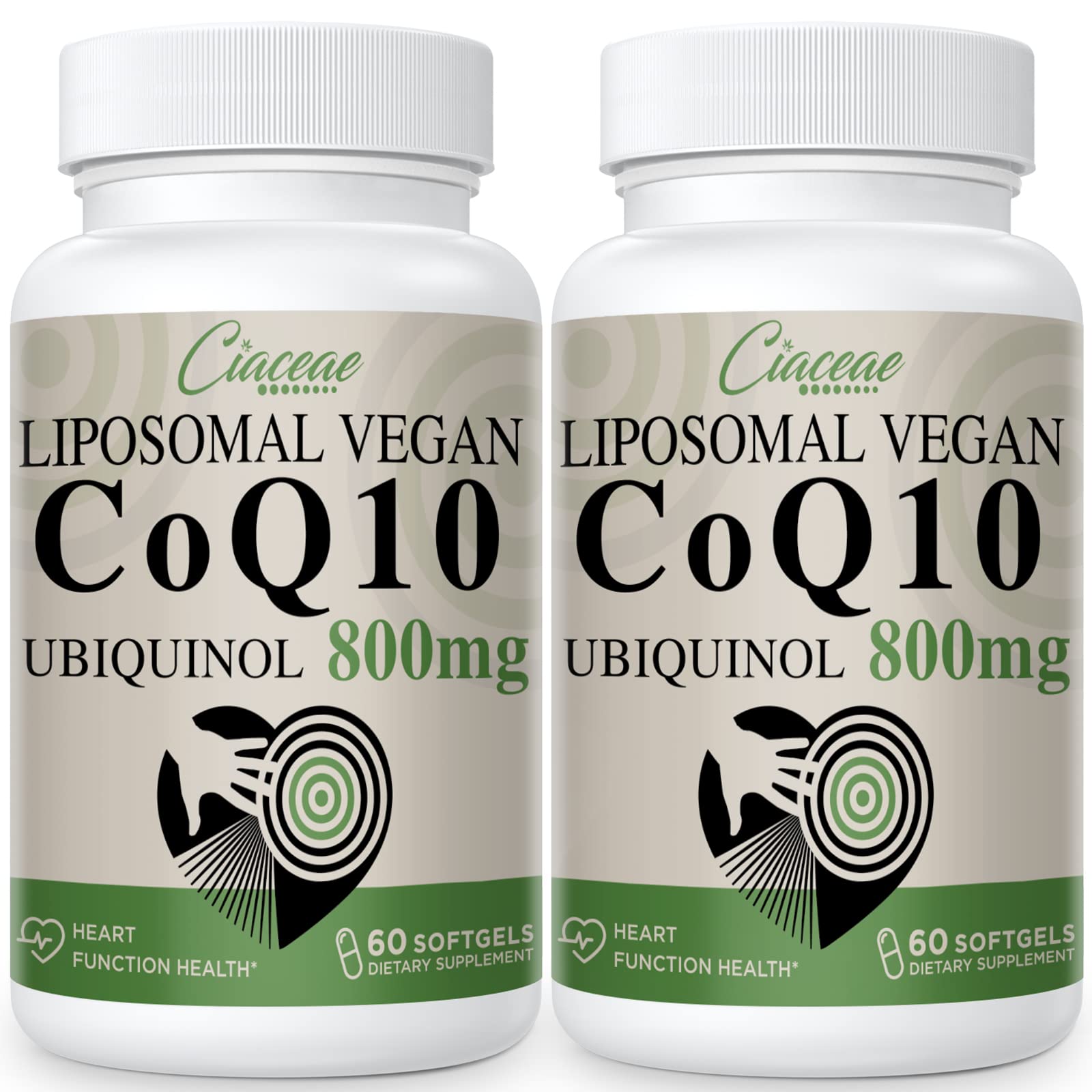 Ciaceae Liposomal CoQ10 800mg bottle shown, emphasizing high absorption and vegan softgels.