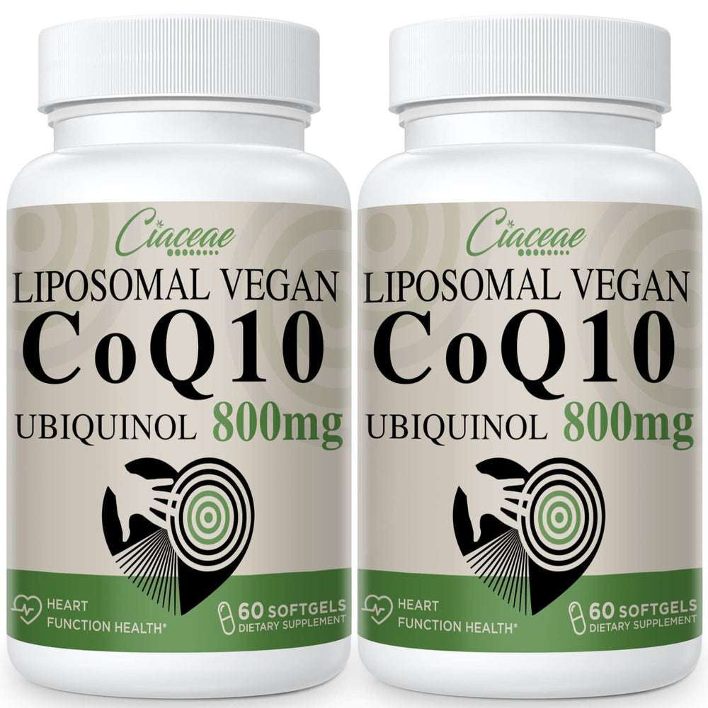 Ciaceae Liposomal CoQ10 800mg bottle shown, emphasizing high absorption and vegan softgels.