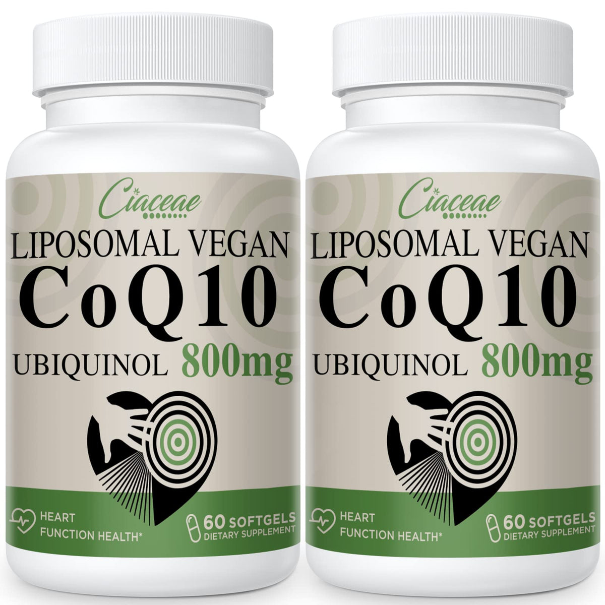 Ciaceae Liposomal CoQ10 800mg bottle shown, emphasizing high absorption and vegan softgels.