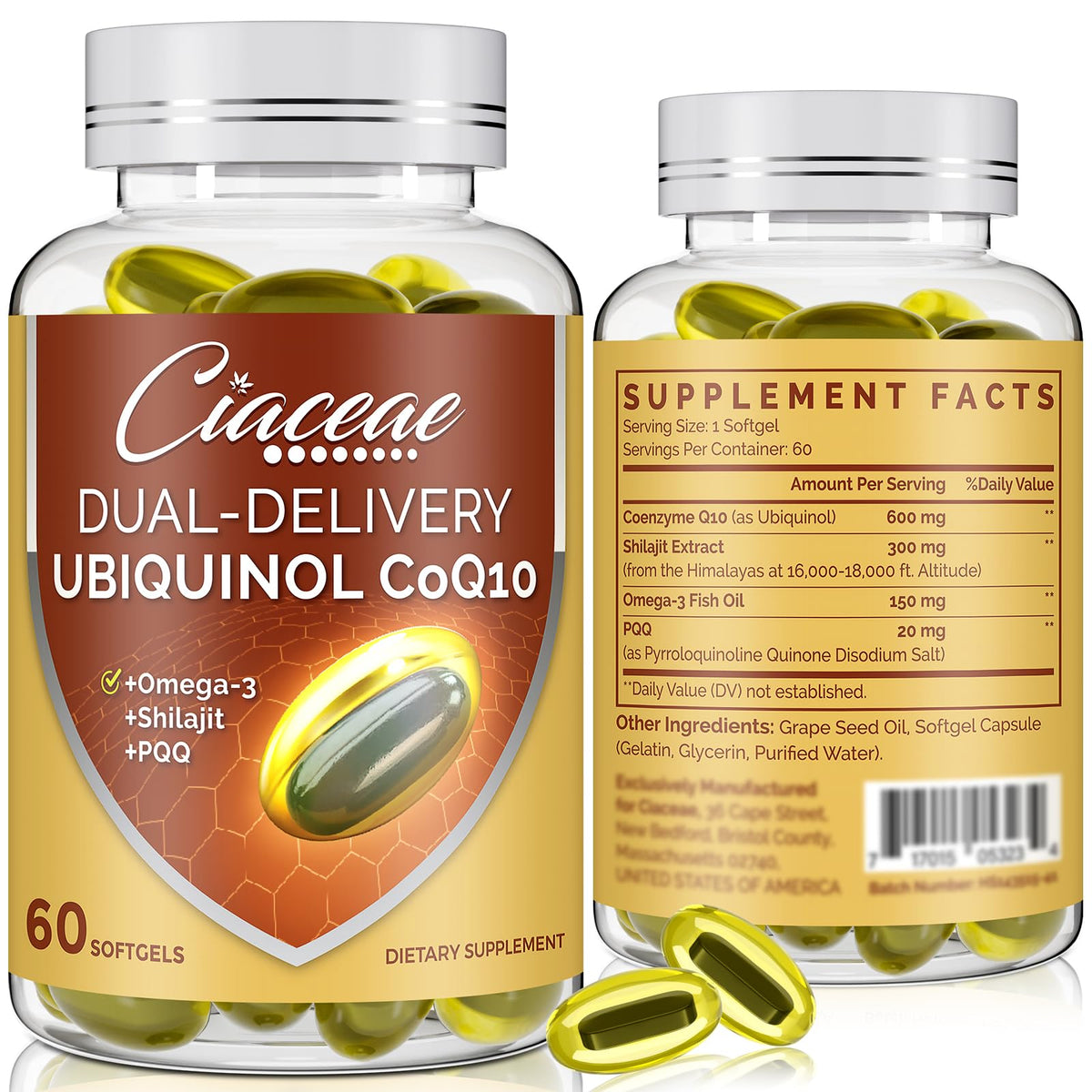 Ciaceae Ubiquinol CoQ10 dual-delivery softgel bottle showing the compact capsule for potential enhanced absorption.