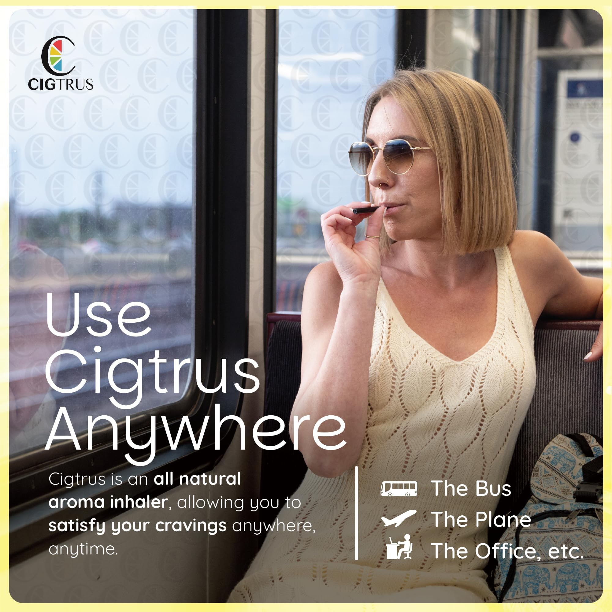 Cigtrus compact inhaler beside travel bag for travel-ready support.