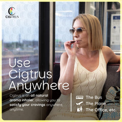 Cigtrus compact inhaler beside travel bag for travel-ready support.