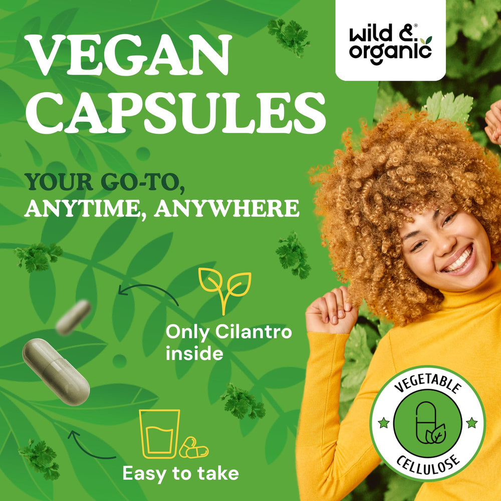 Cilantro capsules vegetable coating closeup highlighting vegan formula.