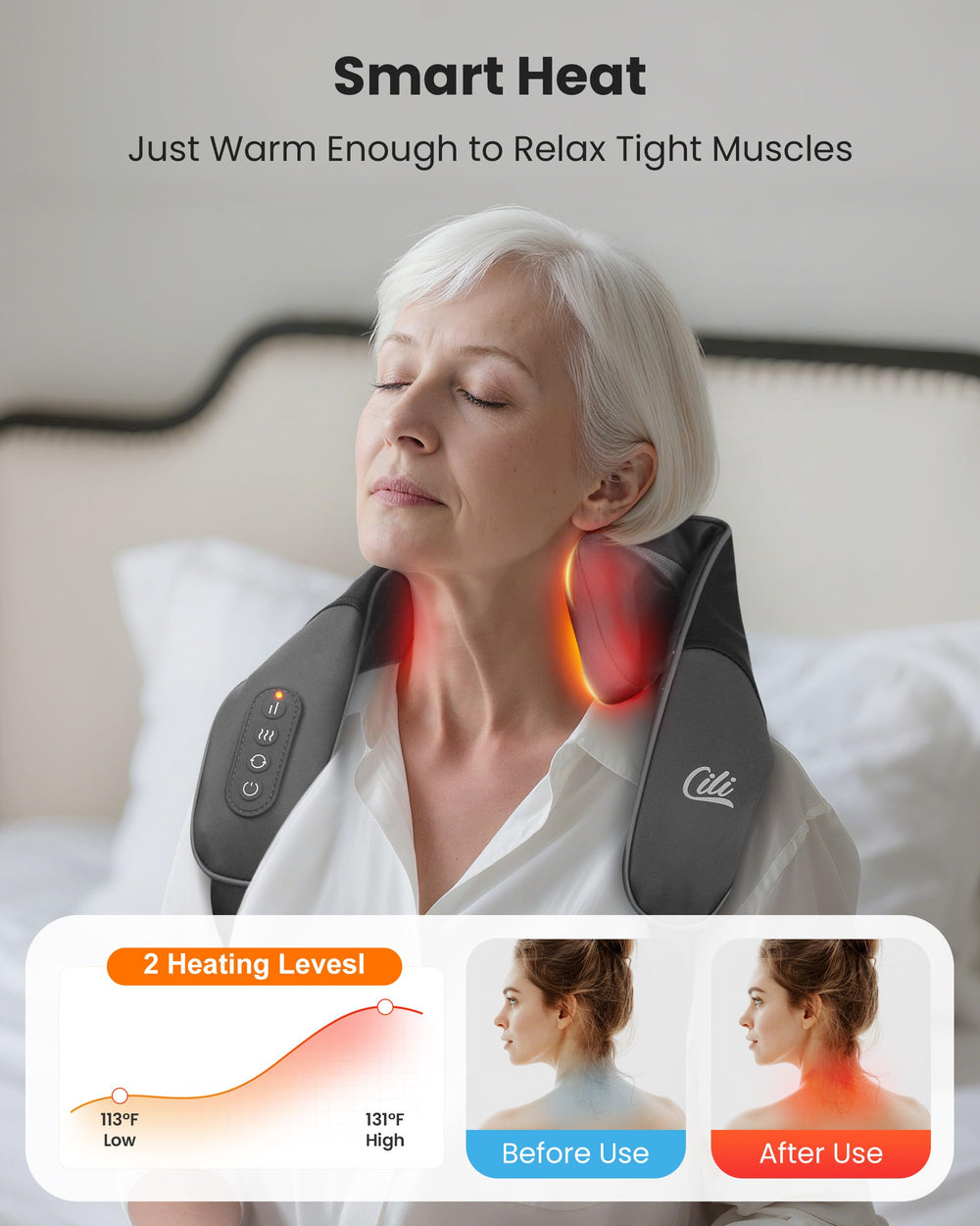CILI ergonomic shoulder curve design fits body contours for comfortable sessions.