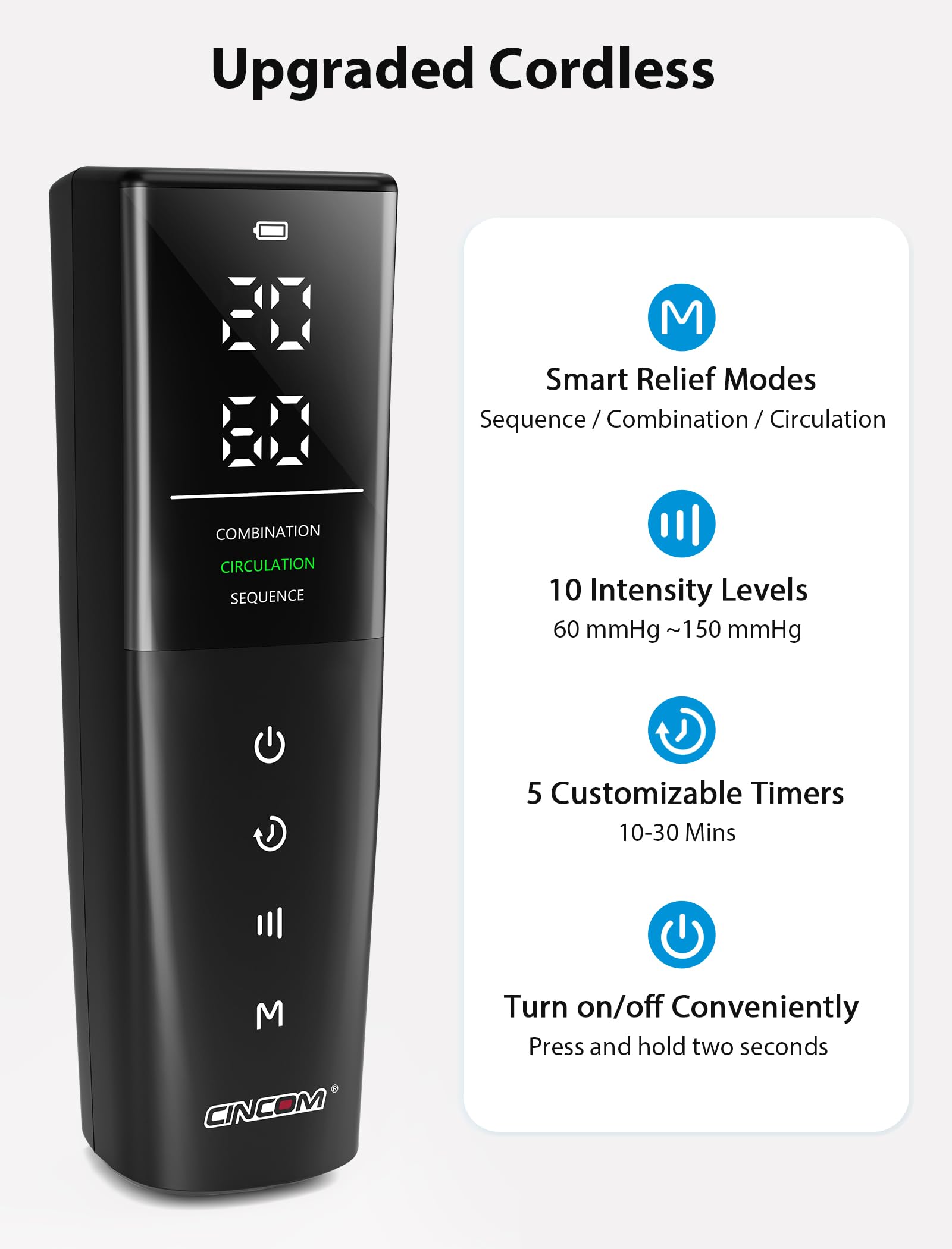 CINCOM device displaying 3 massage modes for tailored relief