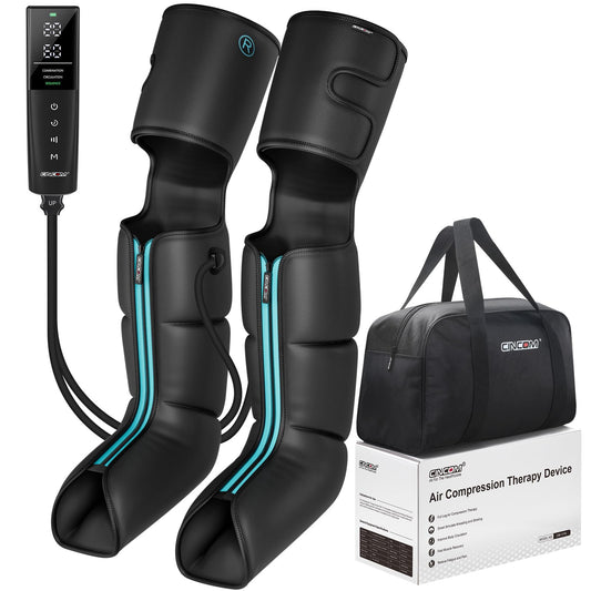 CINCOM cordless air compression massager shown in use for leg relief and circulation support